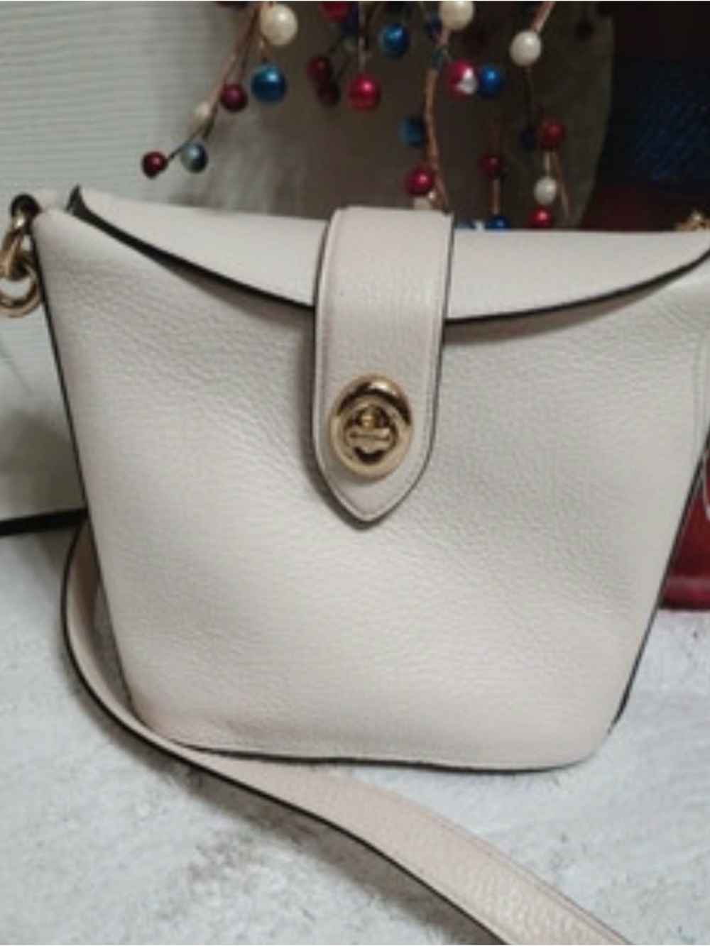Coach Cream Pebbled Leather Crossbody with Gold Turnlock